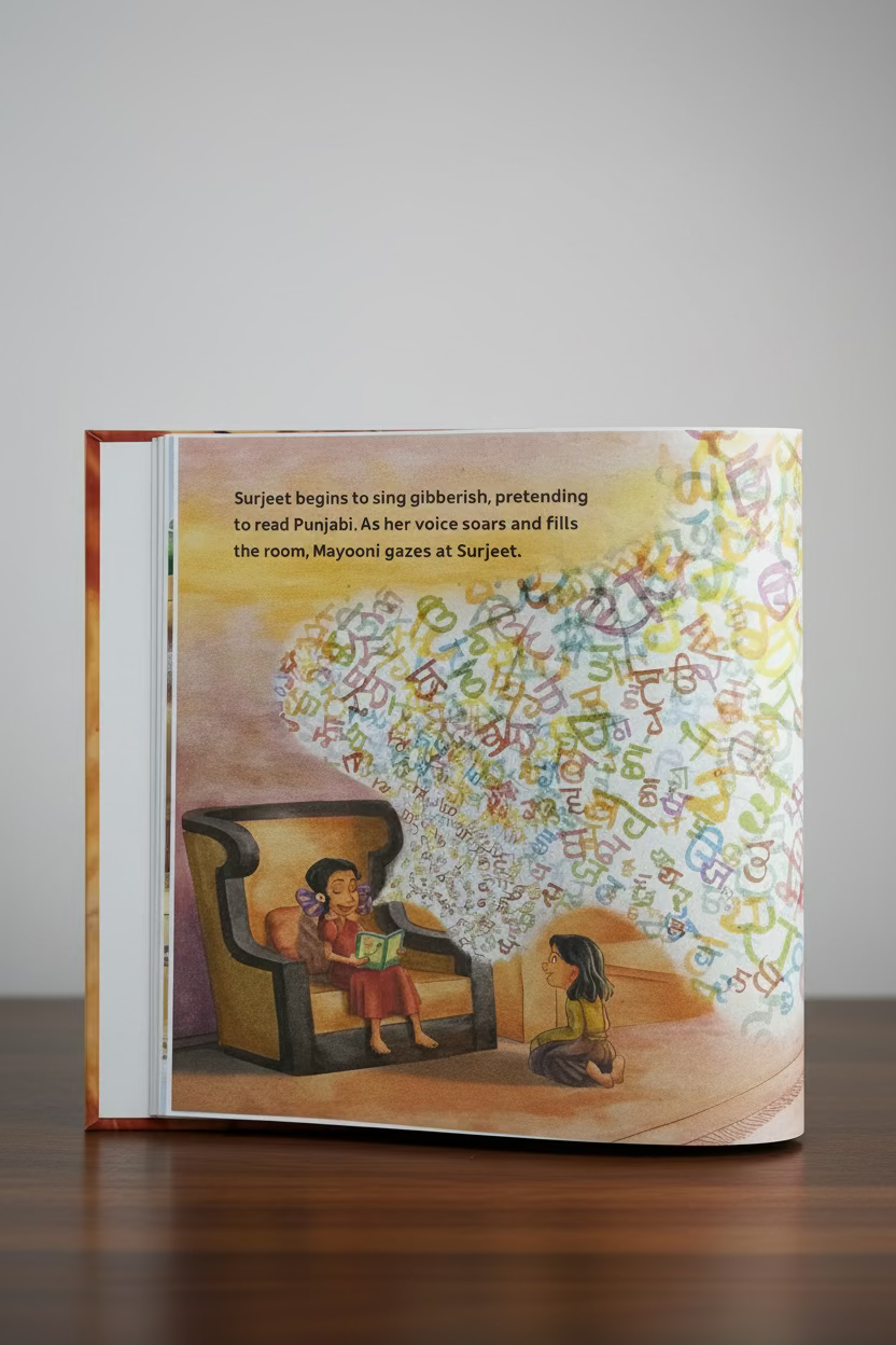 An open children's book showing a colorful illustrated page with text at the top and a scene of two children in a room, with many multicolored letters or words floating in the air.