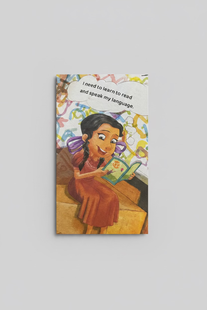 A colorful children's book or printed page showing an illustrated girl with braided hair reading a book, with a speech bubble that reads, 'I need to learn to read and speak my language.'.