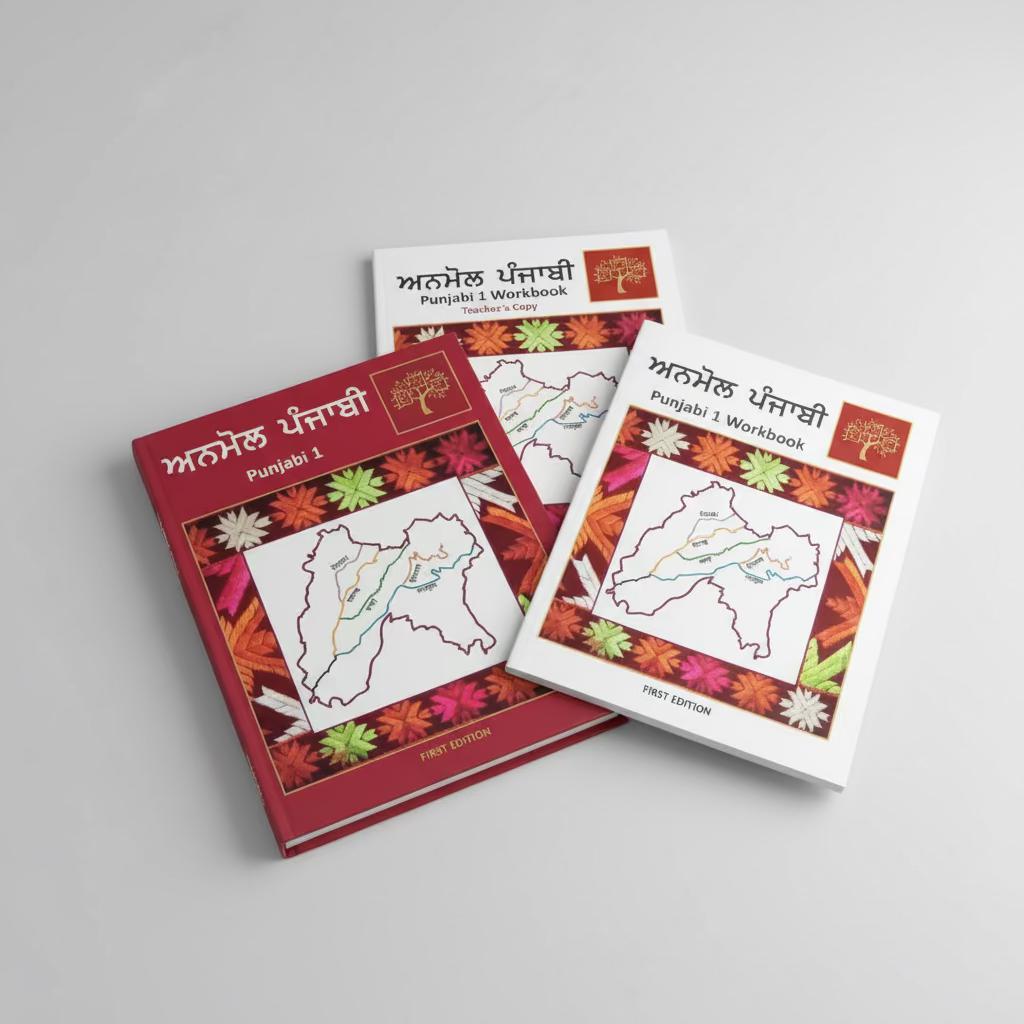 Three printed booklets or workbooks titled 'Anmol Punjabi' with Punjabi text and a map illustration, arranged on a gray tufted surface.